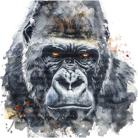 12 ゴリラのクリップアート、ジャングルのゴリラ、印刷可能な水彩画の