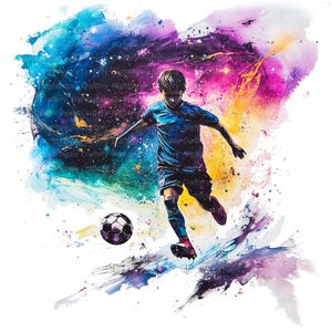 May include: A watercolor painting of a soccer player kicking a ball. The player is wearing a blue jersey and black shorts. The background is a colorful abstract design with splashes of blue, green, yellow, and purple.