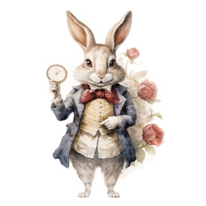May include: A watercolor illustration of a rabbit wearing a blue suit, a red bow tie, and holding a pocket watch. The rabbit is standing in front of a bouquet of pink roses.