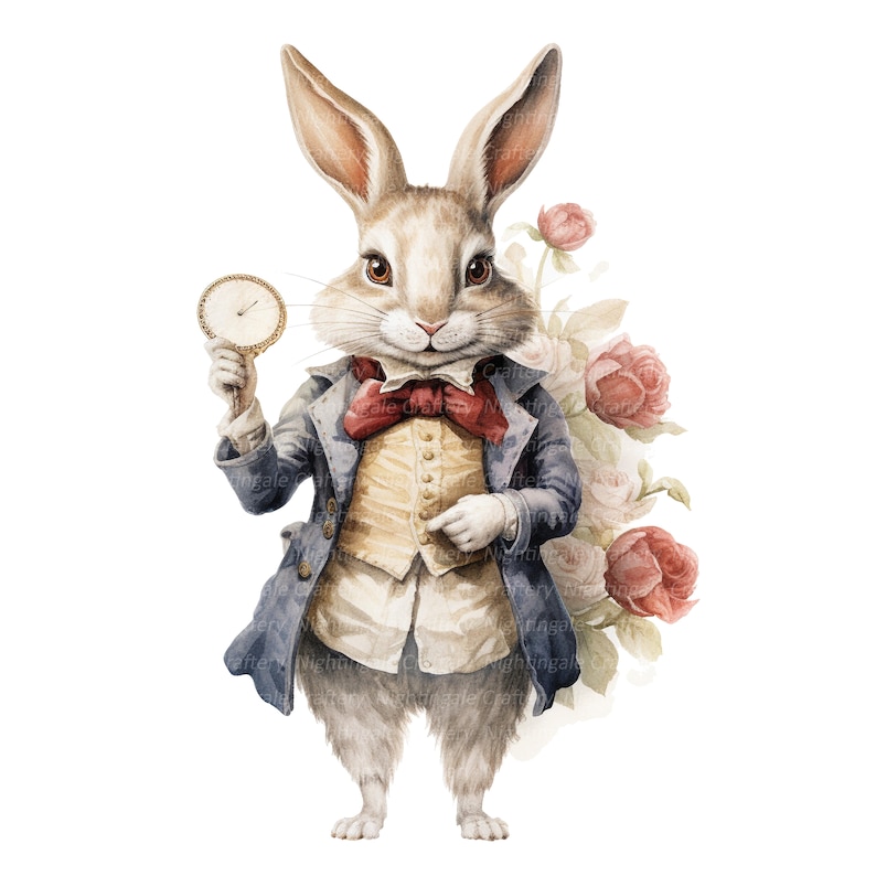 May include: A watercolor illustration of a rabbit wearing a blue suit, a red bow tie, and holding a pocket watch. The rabbit is standing in front of a bouquet of pink roses.