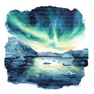 Puede incluir: Pintura a la acuarela de un paisaje ártico con una vibrante aurora boreal en tonos verdes y amarillos sobre una masa de agua salpicada de icebergs. El agua refleja el cielo y los icebergs, creando una escena serena.