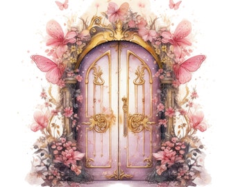 10 imágenes prediseñadas de puertas de hadas florales, imágenes prediseñadas de acuarela imprimibles, JPG de alta calidad, descarga digital, alta resolución, artesanía de papel, diario basura