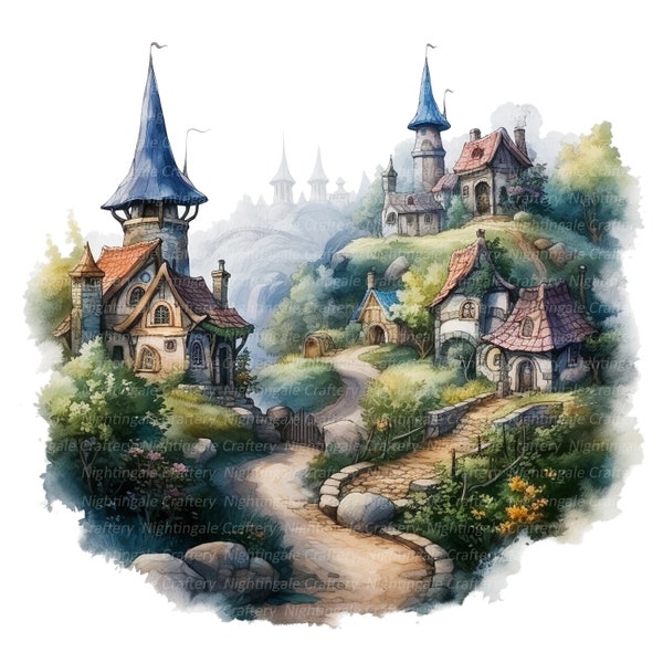 16 Fairy Village Landscape Clipart, Printable Watercolor clipart, High Quality JPGs, Digital download, High Resolution, Paper craft