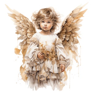 K&ouml;nnte beinhalten: Ein Aquarellbild eines jungen Engels mit zarten Fl&uuml;geln und einem flie&szlig;enden wei&szlig;en Kleid. Der Engel hat blonde Haare und blaue Augen und h&auml;lt eine kleine Blume in der Hand.