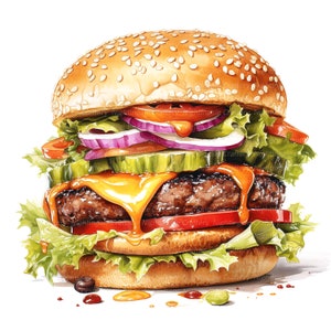 10 Clipart di hamburger gustosi, Clipart di fast food, Clipart di acquerelli stampabili, PNG di alta qualità, Download digitale, Carta artigianale, diari spazzatura