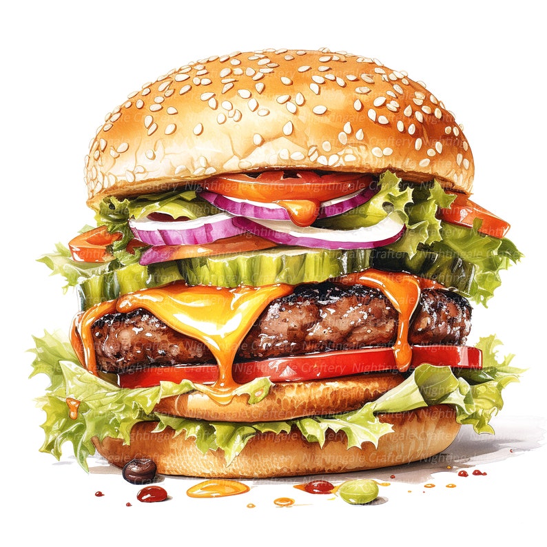 Op de afbeelding: Een sappige hamburger met een sesamzaadjesbroodje, sla, tomaat, ui, augurken en gesmolten kaas. De hamburger is bedekt met een royale hoeveelheid ketchup en mosterd.