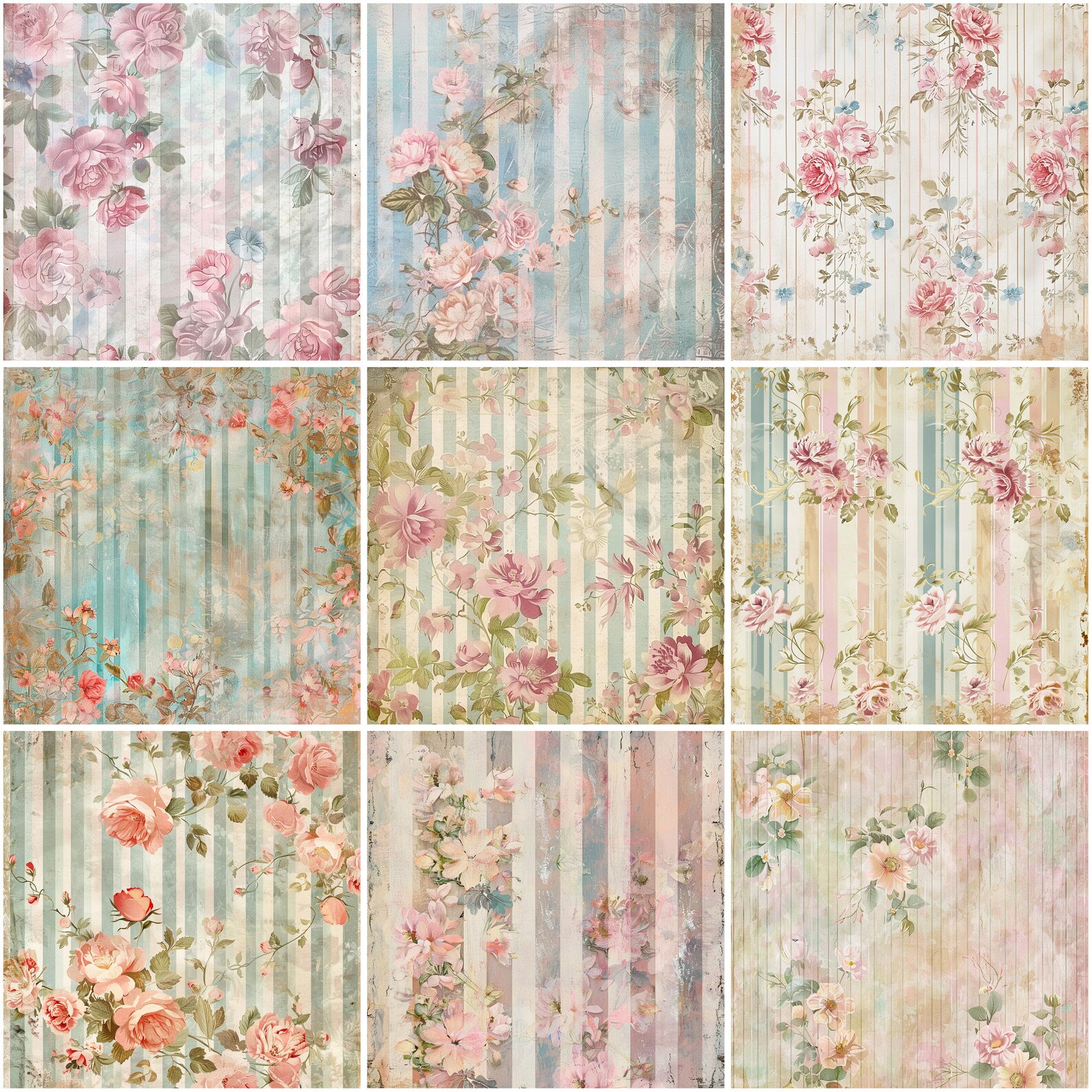 18 Vintage Roses and Stripes Background, 12 X 12 Digital Paper Pack ...