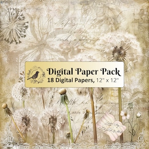 18 documenti di sfondo vintage Dandelion, pacchetto di carta digitale 12 x 12, carta per diario spazzatura, carta per album, carta stampabile, JPG di alta qualità