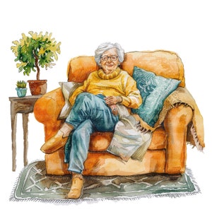 8 imágenes prediseñadas de mujer mayor descansando, imágenes prediseñadas de ancianos, imágenes prediseñadas de acuarela imprimibles, JPG de alta calidad, descarga digital, artesanía de papel, diario