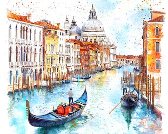 ヴェネツィアのゴンドラの水彩画クリップアート、ロマンチックな運河の