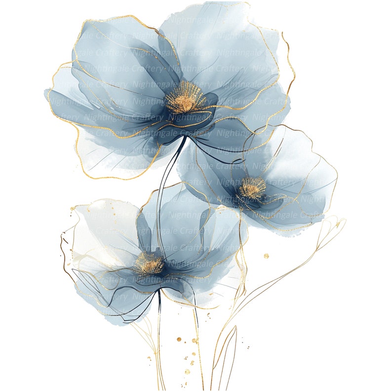 Op de afbeelding: Waterverf schilderij van drie blauwe papavers met gouden accenten. De bloemen zijn delicaat en etherisch, met een zacht, dromerig gevoel.