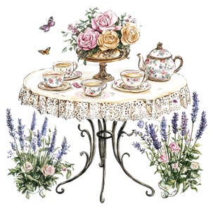 12 tavolo da giardino inglese, Clipart Tea Party, Clipart acquerello stampabile, JPG di alta qualità, Download digitale, Carta artigianale, diario spazzatura