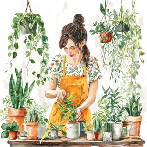 10 femme prenant soin de plantes clipart, clipart floral, aquarelle imprimable, JPG de haute qualité, téléchargement numérique, créations en papier, journaux indésirables