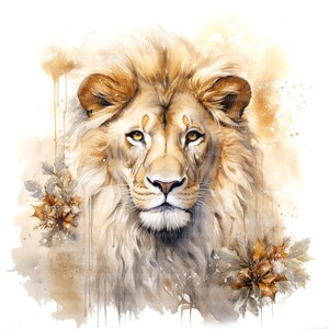 May include: A watercolor painting of a lion's head with a golden mane. The lion is looking directly at the viewer with a serious expression. The background is a soft, golden color with splashes of brown and white.