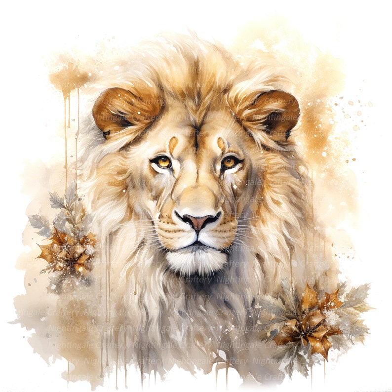 May include: A watercolor painting of a lion's head with a golden mane. The lion is looking directly at the viewer with a serious expression. The background is a soft, golden color with splashes of brown and white.