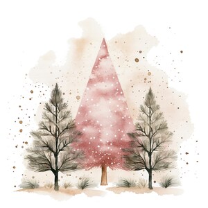 May include: A watercolour painting of three trees with a pink Christmas tree in the centre. The trees are surrounded by a brown watercolour background with white dots.
