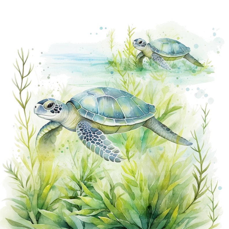 May include: Watercolor illustration of two sea turtles swimming in a vibrant underwater scene. The turtles have blue-green shells and are surrounded by green aquatic plants. The artwork has a soft, dreamy quality.