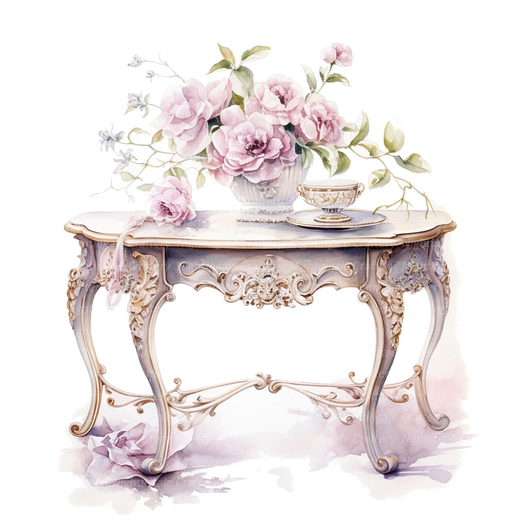 12 Vintage Floral Table Clipart, Shabby Chic, Printable Watercolor ...