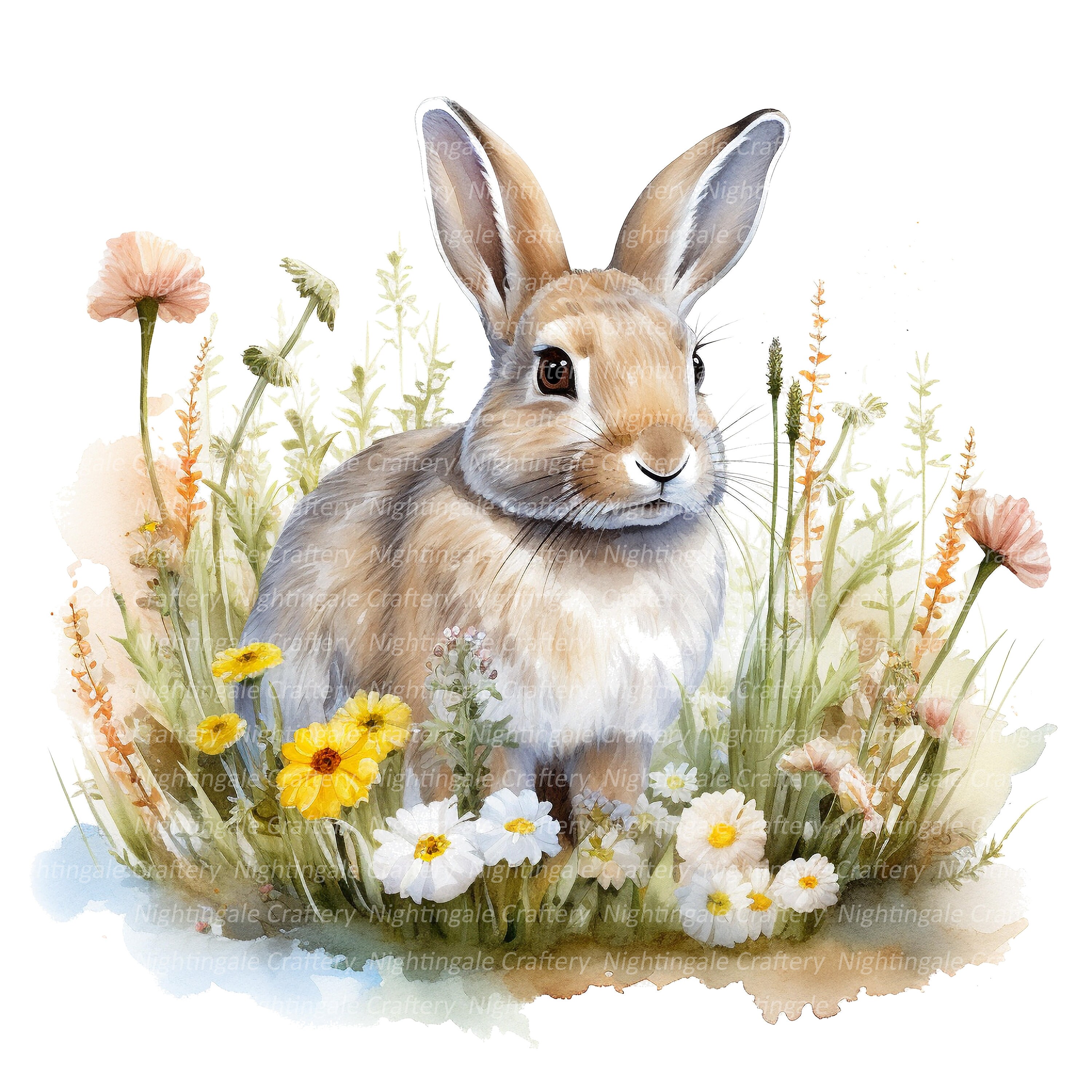 Cute Floral Bunny Clipart, Printable Watercolor Clipart, 12 High ...