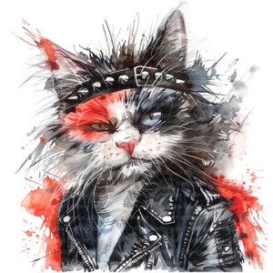 10 imágenes prediseñadas de gatos punk, imágenes prediseñadas de rock, imágenes prediseñadas de acuarela imprimibles, 10 archivos JPG de alta calidad, descarga digital, manualidades de papel, diarios basura