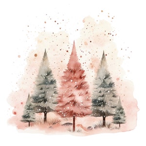 May include: Watercolour painting of three stylised trees in a snowy forest. The trees are painted in shades of green and red, with a soft, watercolour background.