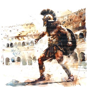 Op de afbeelding: Een aquarel van een Romeinse gladiator in volledige bepantsering, staande in een vechtpositie in een arena. De gladiator draagt een helm met een pluim, een borstplaat en een rok. Hij houdt een schild in zijn linkerhand en een zwaard in zijn rechterhand. De achtergrond is een aquarel van een arena met bogen en een menigte mensen.