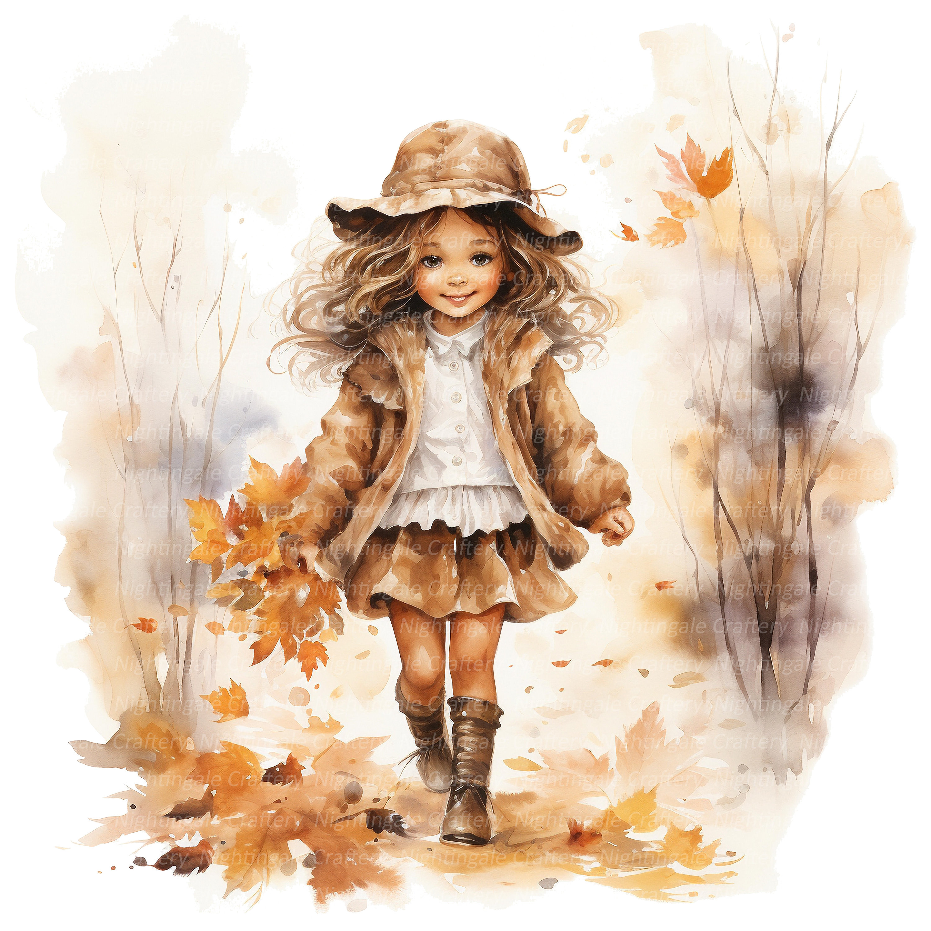 10 kleine Mädchen im Herbst Clipart, druckbare Aquarell Clipart, hochwertige PNGs, digitaler Download, Papiermodell, Junk Journal