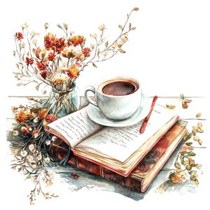 14 Café e livro clipart, flores secas, clipart aquarela para impressão, JPG/PNGs de alta qualidade, download digital, artesanato em papel, diários de lixo