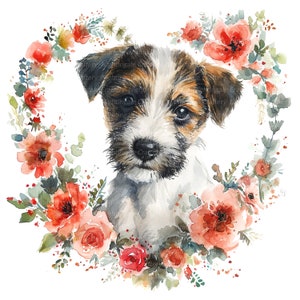 9 Clipart chiot floral, couronne de coeur, clipart aquarelle imprimable, JPG de haute qualité, téléchargement numérique, créations en papier, journal indésirable