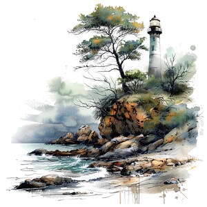 May include: A watercolor painting of a lighthouse on a rocky cliff overlooking a calm ocean. The lighthouse is white with a black roof and a small window. The cliff is brown and rocky, with a few trees growing on it. The ocean is a light blue color, with some white waves crashing on the shore.