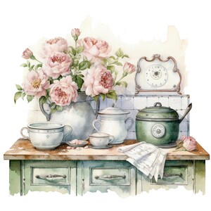 vintage floral kitchen scene clipart set graphic by... 14 Vintage Floral Kitchen Clipart, Shabby Chic, Printable Watercolor ...