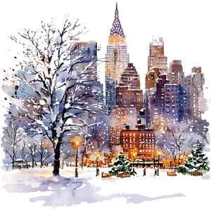 9 Clipart di New York innevata, paesaggio urbano invernale, clipart acquerello stampabile, JPG di alta qualità, download digitale, artigianato di carta