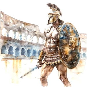 Op de afbeelding: Een aquarel van een Romeinse gladiator in volledige bepantsering, die voor het Colosseum staat. Hij houdt een zwaard in zijn rechterhand en een schild in zijn linkerhand. De gladiator draagt een helm met een pluim, een borstplaat en een lendendoek. Het Colosseum is op de achtergrond te zien en is geschilderd in een vervaagde aquarelstijl.