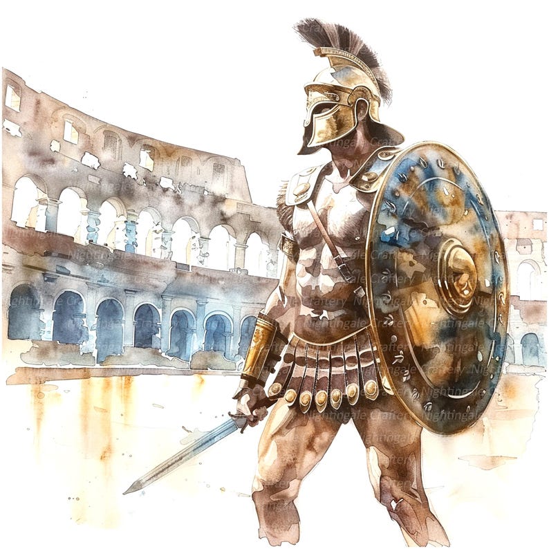 Op de afbeelding: Een aquarel van een Romeinse gladiator in volledige bepantsering, die voor het Colosseum staat. Hij houdt een zwaard in zijn rechterhand en een schild in zijn linkerhand. De gladiator draagt een helm met een pluim, een borstplaat en een lendendoek. Het Colosseum is op de achtergrond te zien en is geschilderd in een vervaagde aquarelstijl.