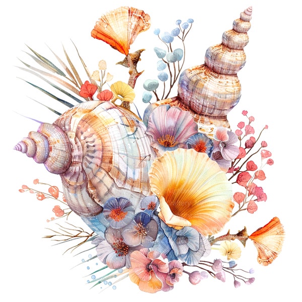 10 Floral Seashells Clipart, Sea shells Clipart, Printable Watercolor clipart, High Quality JPG, Digital download, Paper craft, junk journal