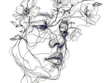 May include: A black and white line drawing of a person's face with flowers growing around their head.