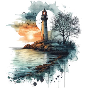 May include: A watercolor painting of a lighthouse on a rocky shore with a full moon in the background. The lighthouse is white with a black roof and a red light on top. The moon is a pale yellow color and is surrounded by a halo of light. The water is a dark blue color and the rocks are a dark gray color.