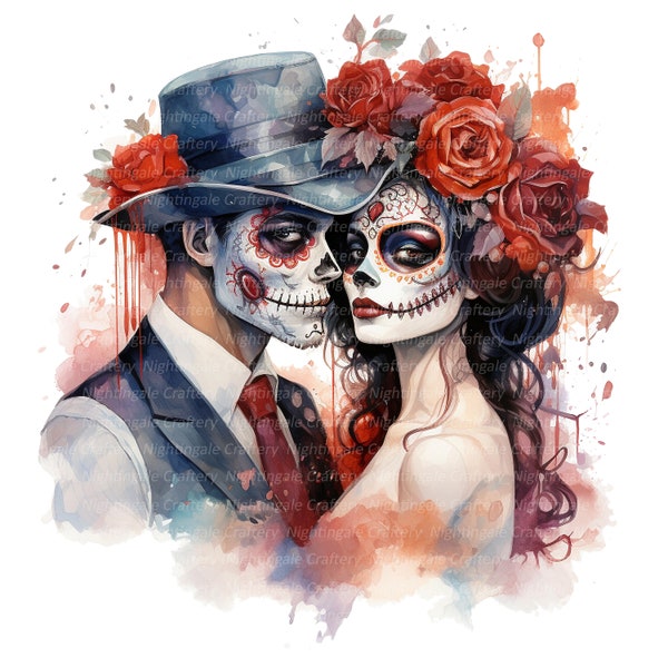 10 Dia De Muertos Couple Clipart, Skeleton Couple, Printable Watercolor clipart, High Quality JPGs, Digital download, Paper craft