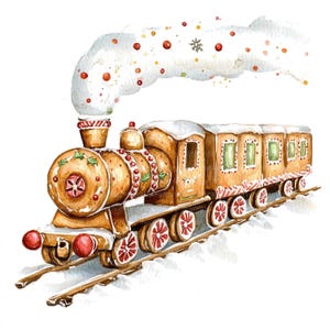 10 cliparts train en pain d'épice, clipart de carte de Noël, clipart aquarelle imprimable, fichiers JPG de haute qualité, téléchargement numérique, créations en papier