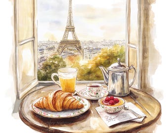 11 Paris Breakfast, Croissant, Eiffel Clipart, Printable Watercolor clipart, High Quality PNGs, Digital download, Paper crafts, junk journal