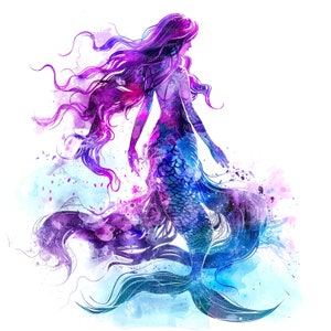 10 Purple Mermaid Clipart, Cartoon Mermaid, Printable Watercolor Clipart, High Quality Jpgs ...