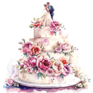 16 clipart de bolo de casamento, clipart de casamento, bolo floral, clipart em aquarela para impressão, 16 JPGs de alta qualidade, download digital, artesanato em papel