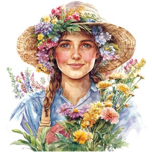 12 Floral Woman Clipart, Farmer Woman, Printable Watercolor clipart, High Quality JPGs, Digital download, Paper craft, junk journal