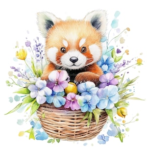 12 Floral Bear Panda Clipart, Nursery Red Panda, Printable Watercolor clipart, High Quality JPGs, Digital download, Paper craft, journals