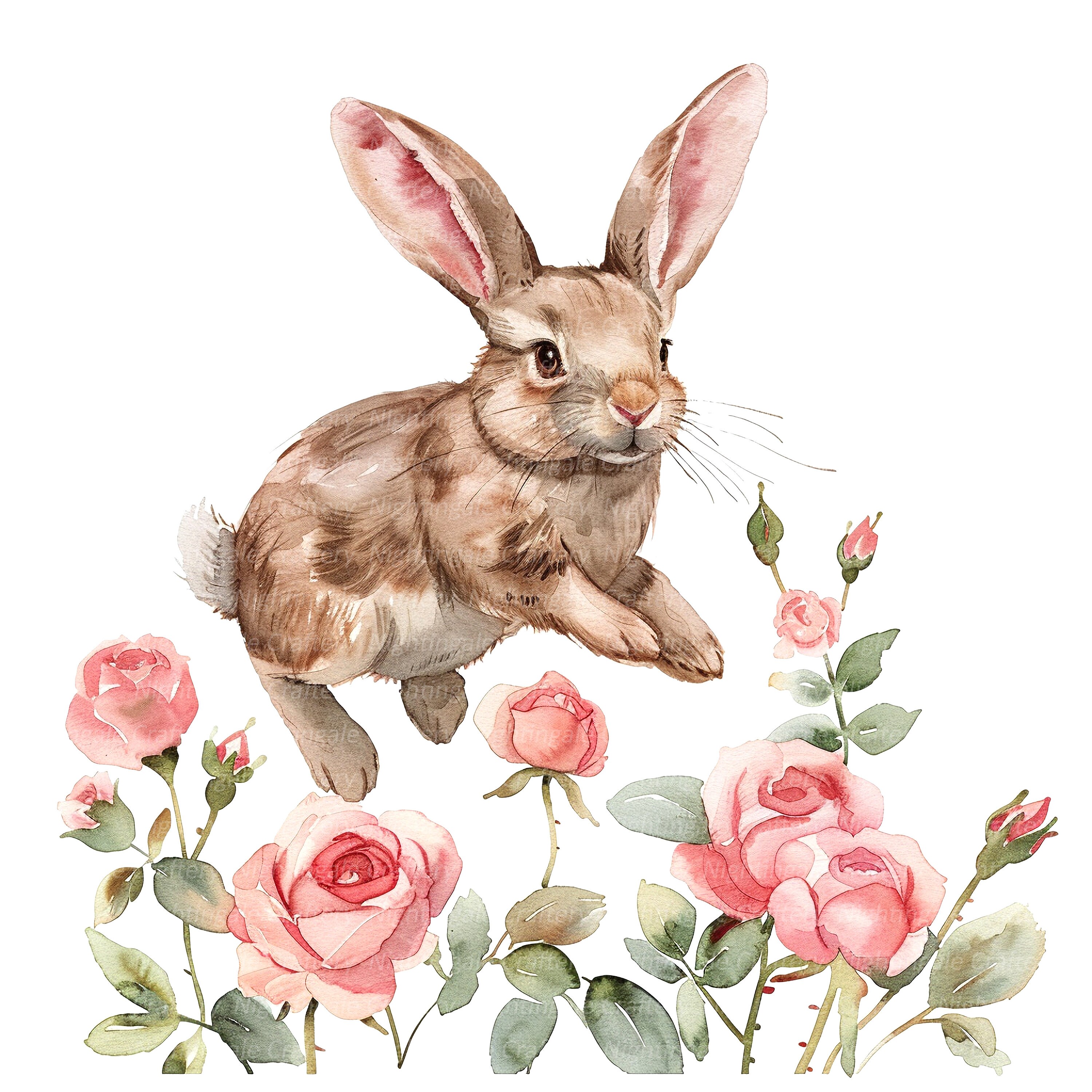 12 Floral Bunny Clipart, Roses Clipart, Printable Watercolor Clipart ...
