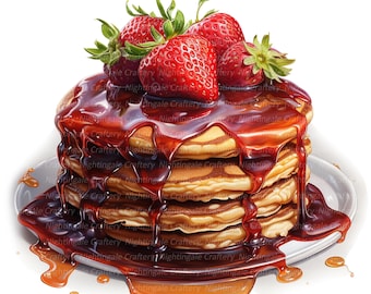 Puede incluir: Una pila de panqueques cubiertos con un sirope marrón oscuro y fresas frescas. Los panqueques son de color marrón dorado y esponjosos, y el sirope se rocía por encima en un patrón decorativo.