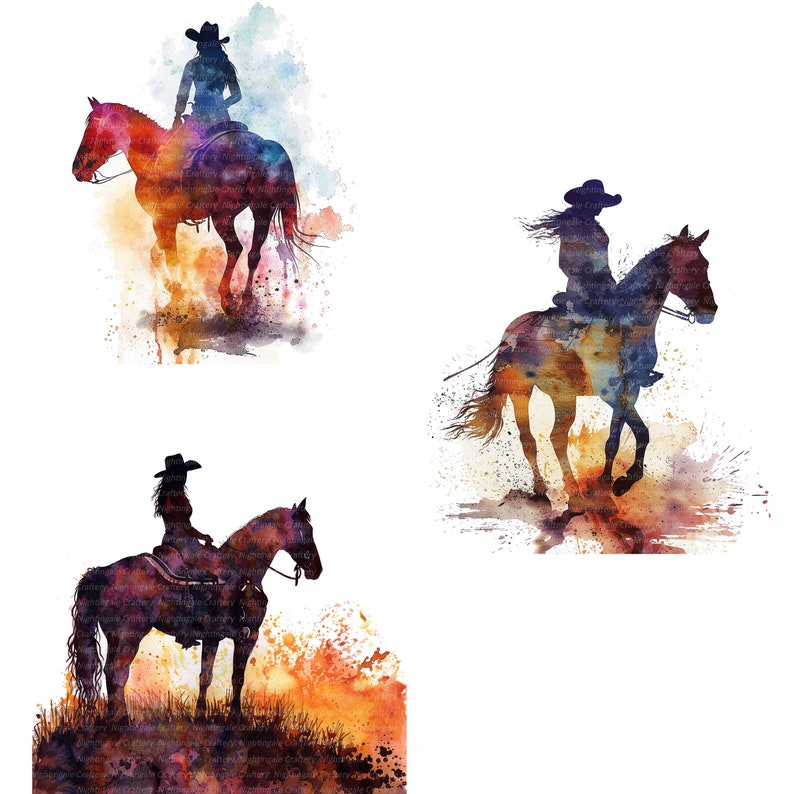 May include: Three watercolor paintings of a person riding a horse. The paintings are in shades of blue, purple, orange, and yellow. The horses are in silhouette and the riders are wearing cowboy hats.