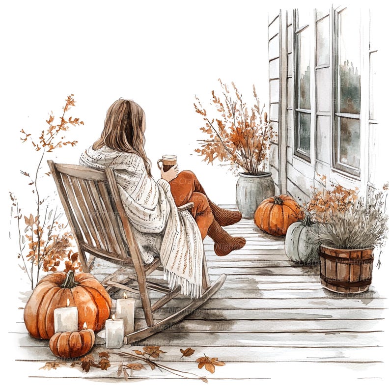 7 Cozy Porch Clipart, Autumn Porch, Coffee, Printable Watercolor ...