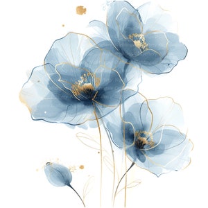 Op de afbeelding: Waterverf schilderij van drie blauwe bloemen met gouden contouren. De bloemen zijn delicaat en etherisch, met een zachte, dromerige kwaliteit. De achtergrond is wit.