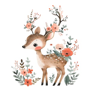 11 Floral Deer Cartoon Clipart, Cartoon Deer, druckbare Aquarell Clipart, hochwertige JPG / PNG, digitaler Download, Papiermodell, Sublimation
